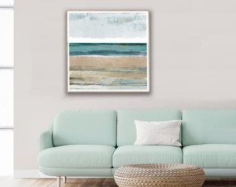 Abstract seascape painting / contemporary coastal wall art / beach house decor / duck egg blue & beige landscape art / beach art print /