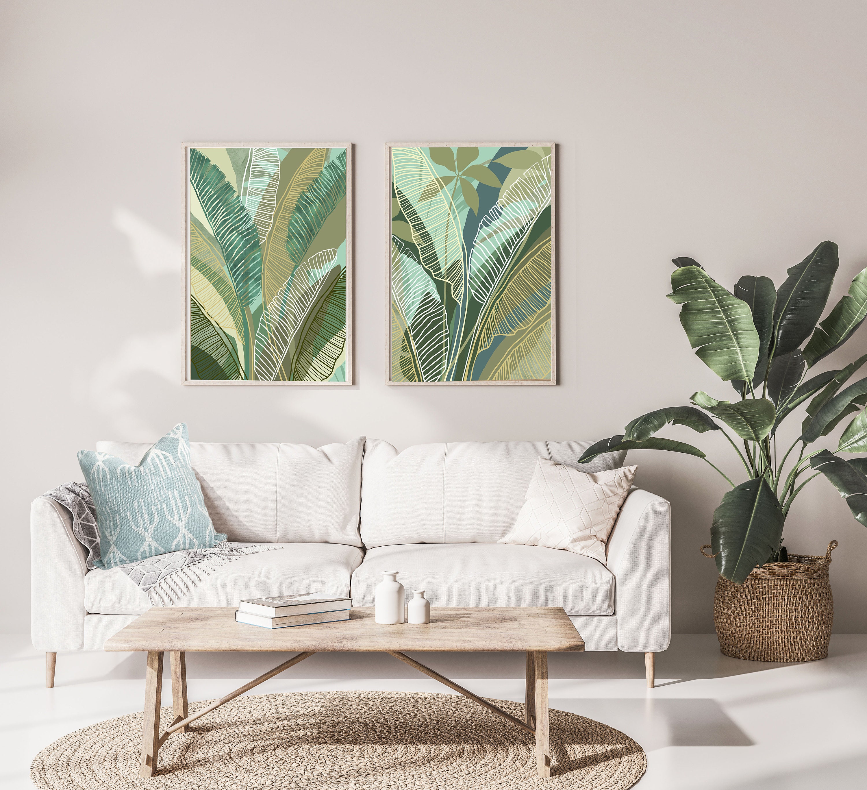 RyounoArt Bird of Paradise Canvas Wall Art Tropical Floral Painting Picture  Green Plam Leaves Print Artwork for Living Room Bedroom Wall Decor Framed