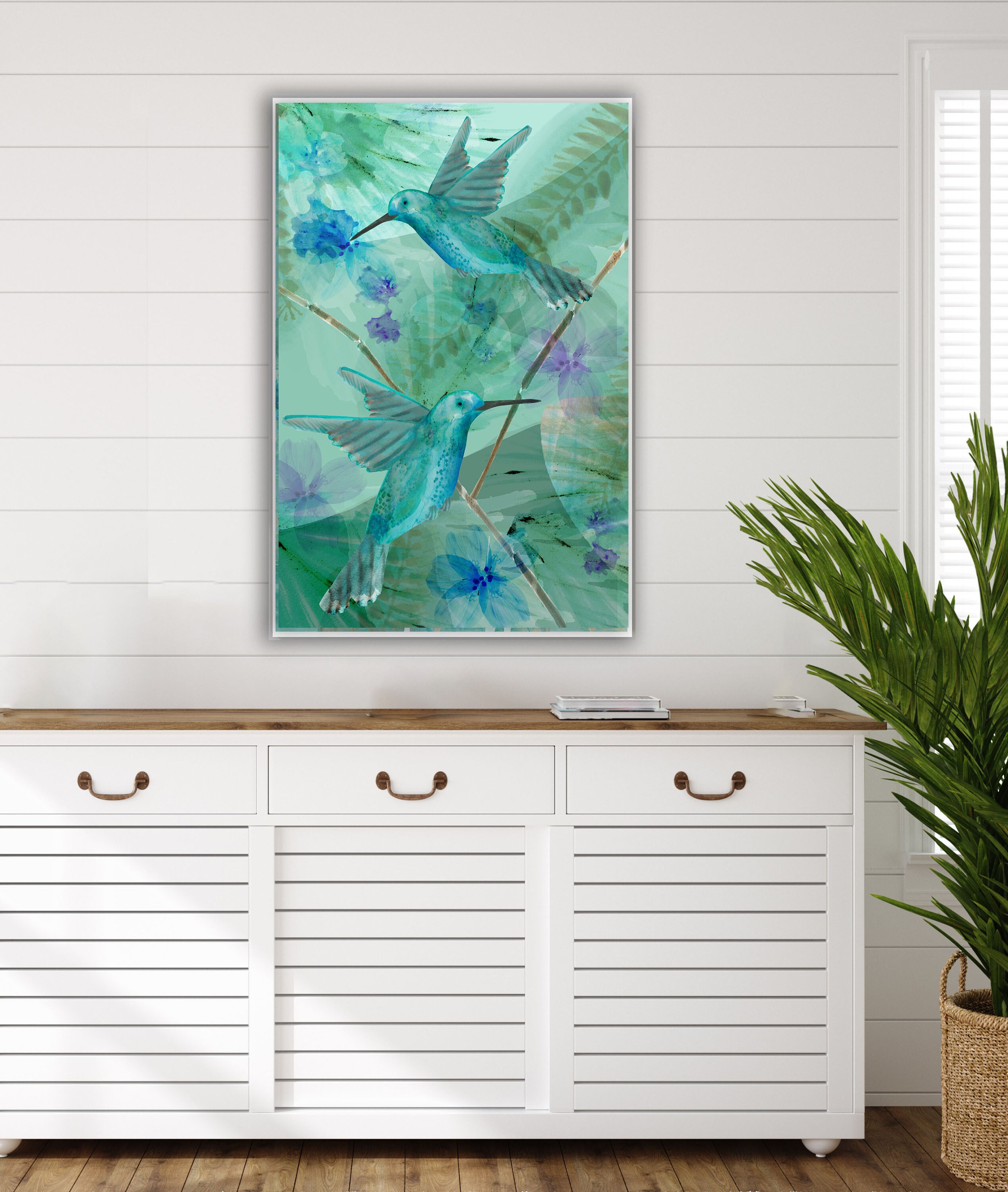 Green tropical bird wall art / hummingbird abstract floral Etsy