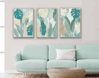 Tropical wall art set of 3 / green botanical art prints / palm leaf canvas art / modern beach house decor / tropical jungle prints