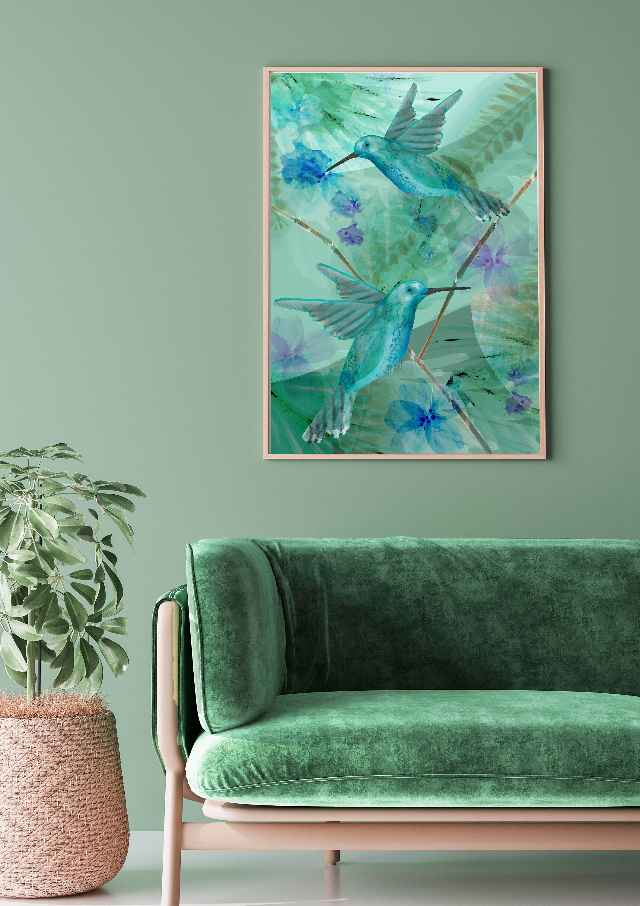 Green tropical bird wall art / hummingbird abstract floral Etsy
