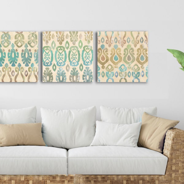 Ikat art prints / hand painted tribal print wall art / green and turquoise Indian block print style art / Art prints set of 3