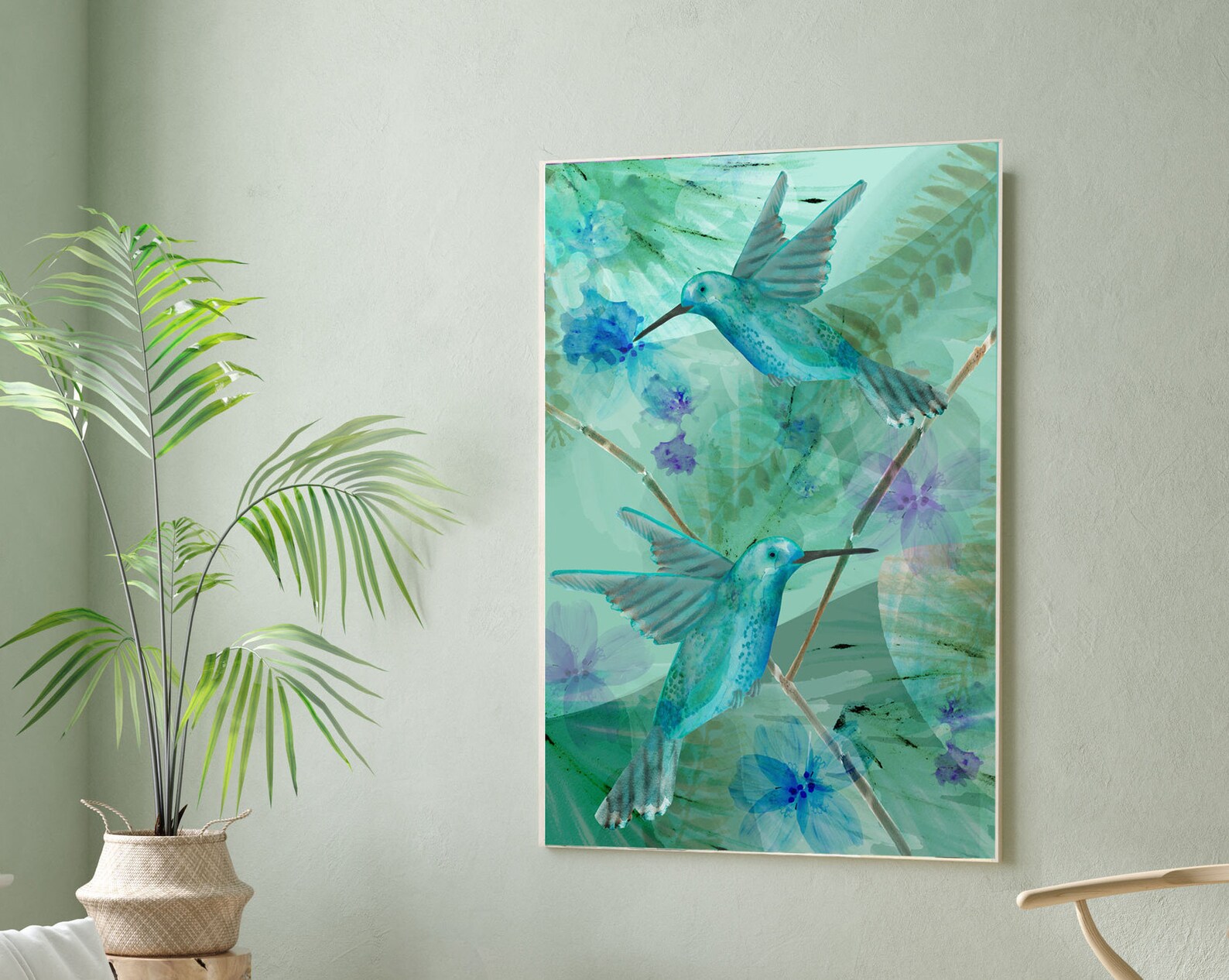 Green tropical bird wall art / hummingbird abstract floral Etsy
