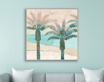 Pink palm trees painting / tropical beach wall art / pastel wall art / contemporary coastal art / modern beach house decor