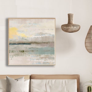 Grey & yellow coastal wall art / duck egg blue abstract seascape painting / large canvas art / square ocean art / modern beach house decor