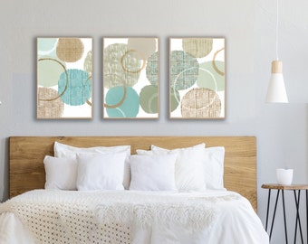 Abstract wall art set of 3 / soft grey blue beige circles painting / mid century modern art prints / contemporary canvas art triptych