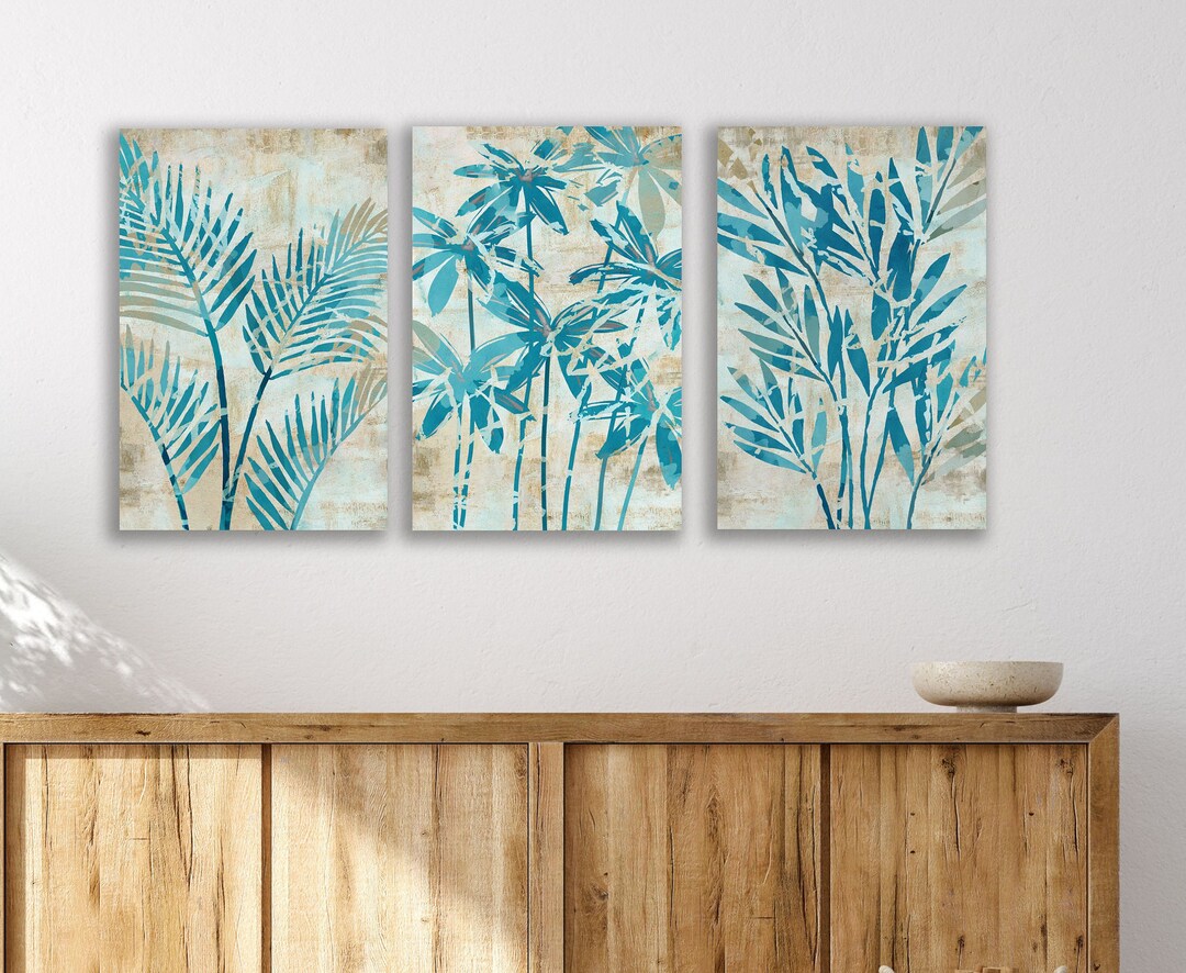 Blue Leaf Wall Art Set of 3 / Botanical Art / Large Canvas Wall Art ...