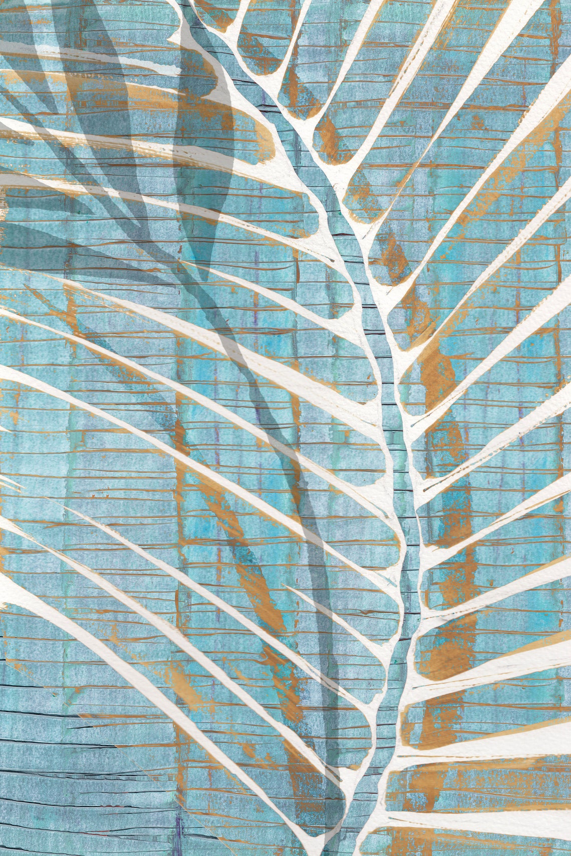 Blue palm leaf wall art / botanical painting / modern beach Etsy