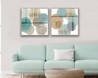 Blue & beige contemporary abstract wall art / Mint mid century modern painting / relaxing mint living room art / duck egg canvas set of 2