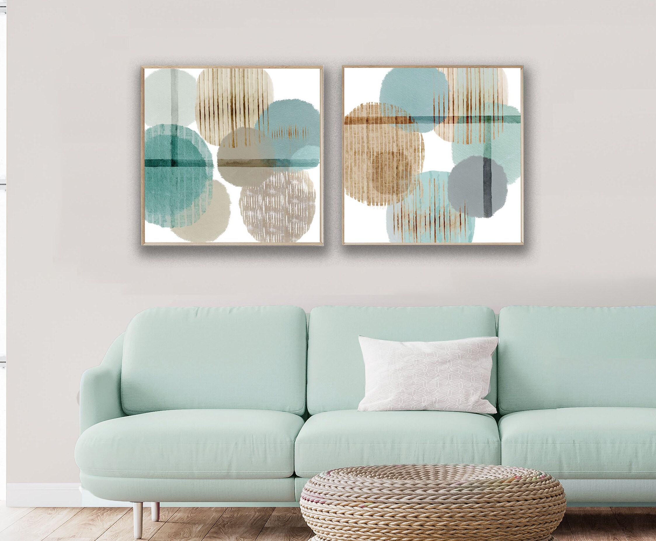 Blue & beige contemporary abstract wall art / Mint mid century Etsy