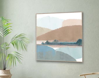 Abstract landscape art print/ Mountain lake painting / Duck egg & blush contemporary landscape print /large living room art