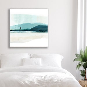 Coastal landscape wall art / blue minimalist painting / teal living room wall art / large ocean art print / beach house decor
