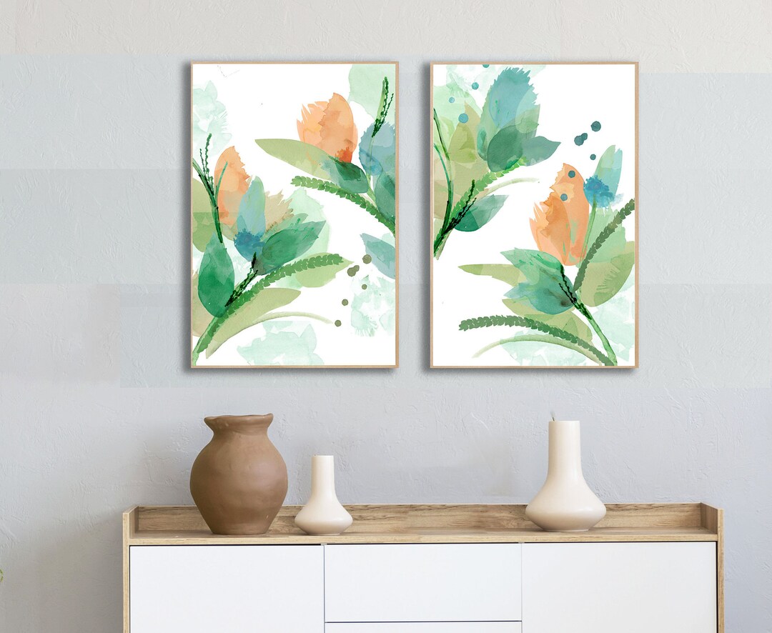 Spring Flowers Wall Art / Floral Watercolour Set of 2 / Green Botanical