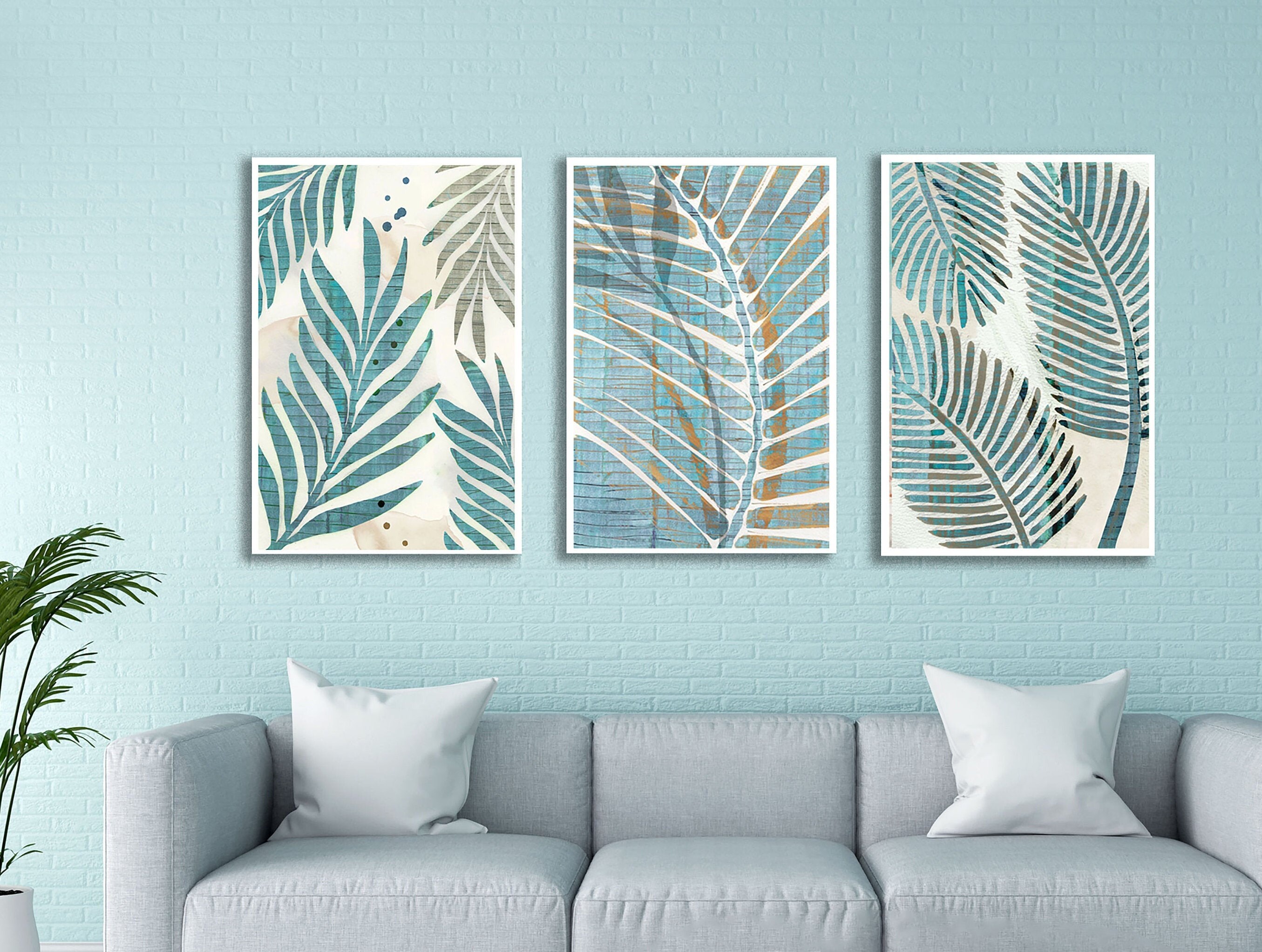 Blue palm leaf wall art / botanical painting / modern beach Etsy
