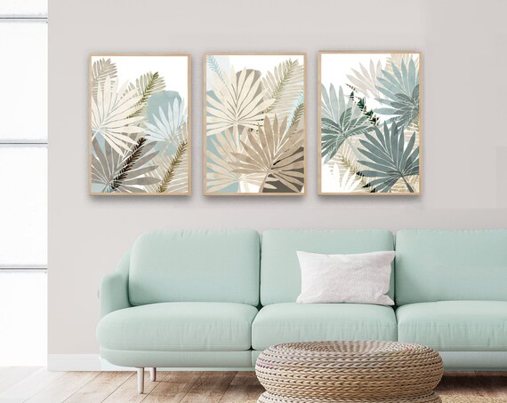 Duck Egg Grey Beige Leaf Wall Art Abstract Botanical Set of 3