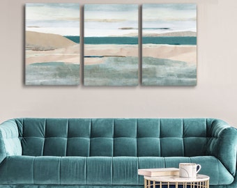 Coastal wall art triptych / abstract seascape set of 3 / mint and blush living room wall art / modern beach house decor