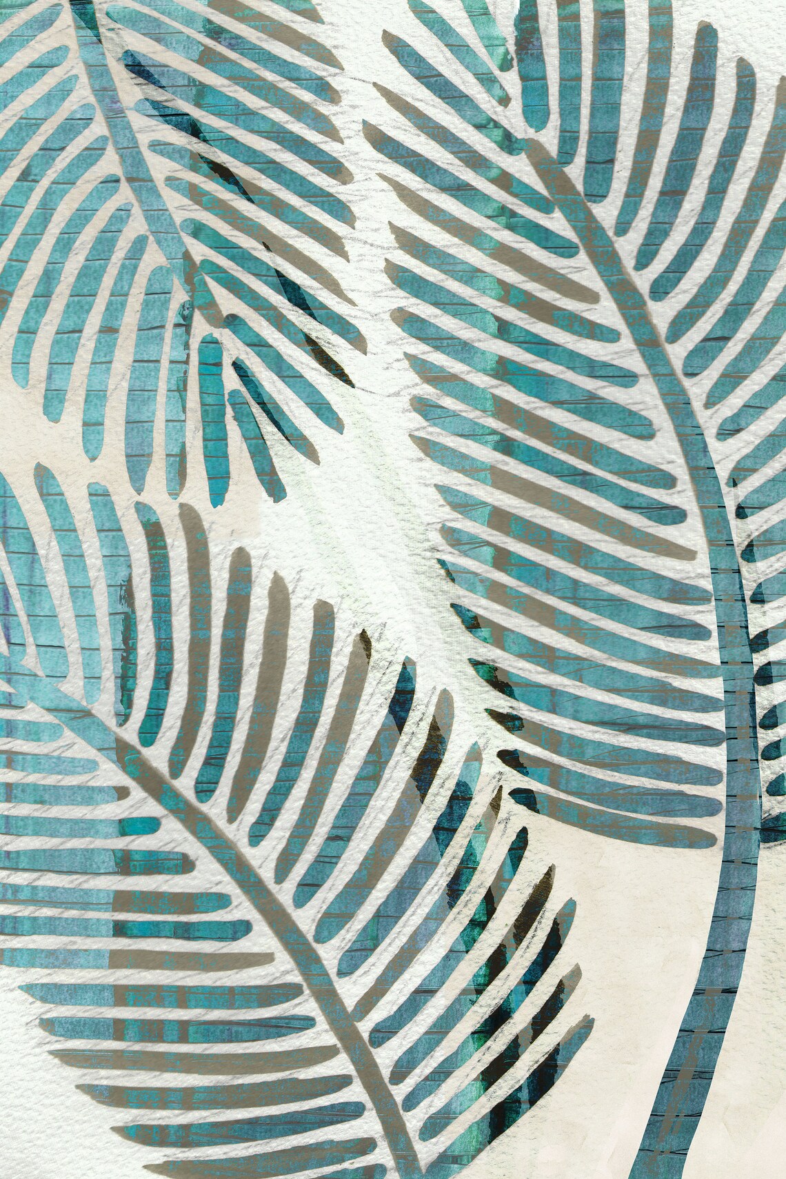 Blue palm leaf wall art / botanical painting / modern beach Etsy