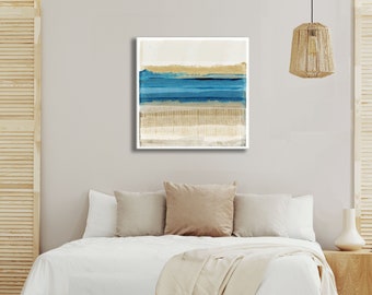 Blue & yellow abstract seascape painting / Large coastal art print / blue living room art / blue abstract art / modern beach house decor