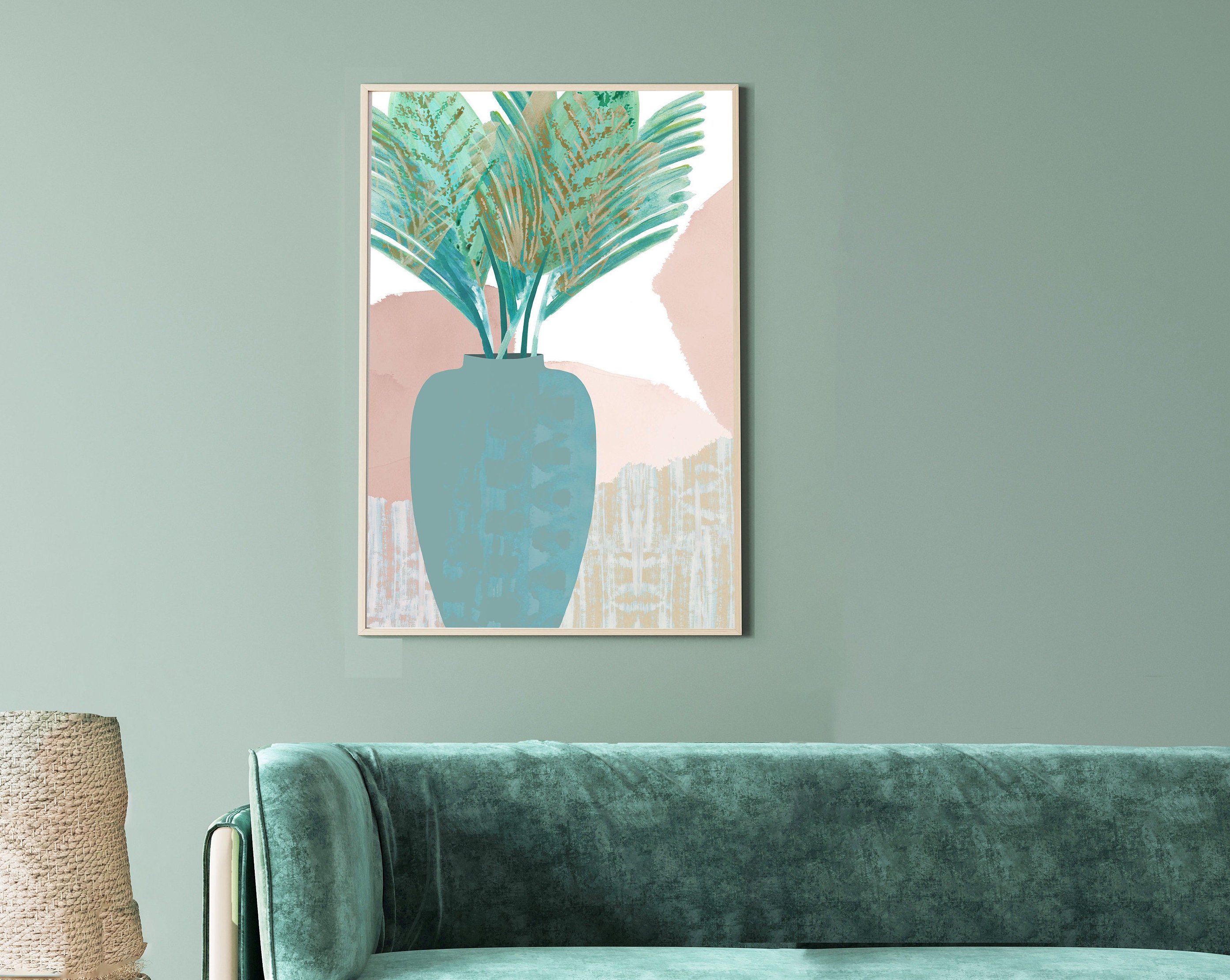 Palm Leaf Wall Art / Teal & Blush Still Life Painting / Green - Etsy