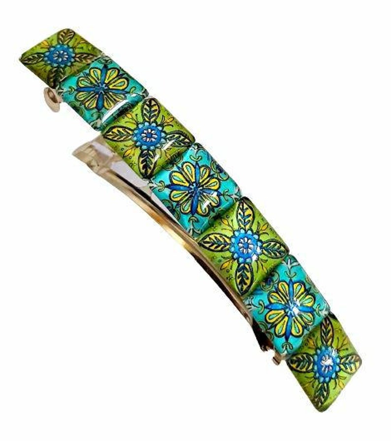 Large french barrette hair clip summer hair slide boho vintage blue glass tiles hair clip gift idea for her hair accessories green turquoise