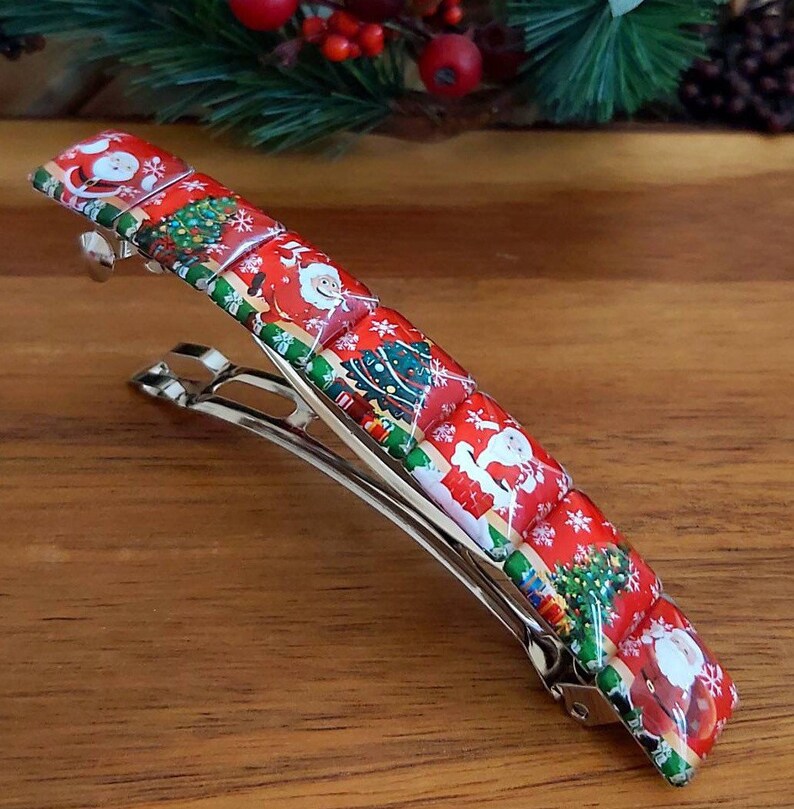 Large french barrette hair clip slide colorful vintage Christmas Sicret Santa gift winter scenery glass tiles unique gift idea one of a kind