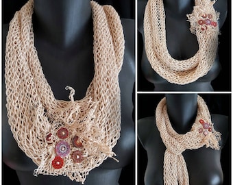 Artistic Women's Linen Scarf necklace, Beige Statement snood, chunky knit cowl, Trendy Gift for her