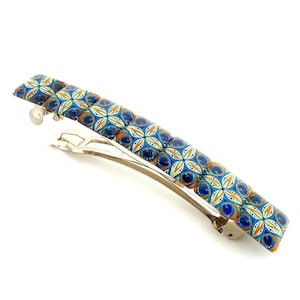 Handmade Blue and Gold Glass Barrette: Stylish Hair Clip
