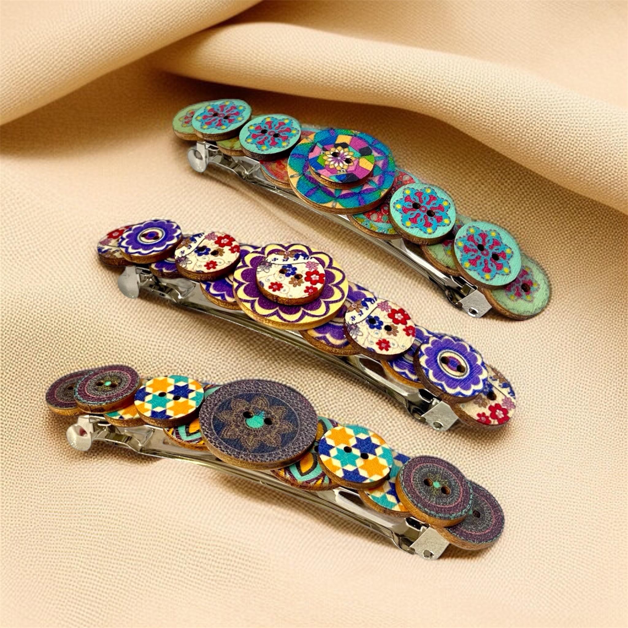 Hand-Beaded Hair Clip From the Highlands of Guatemala Triple Medallion and Stars Indigenous Beaded Barrette, Handmade Huichol Hair Clip  main image 4