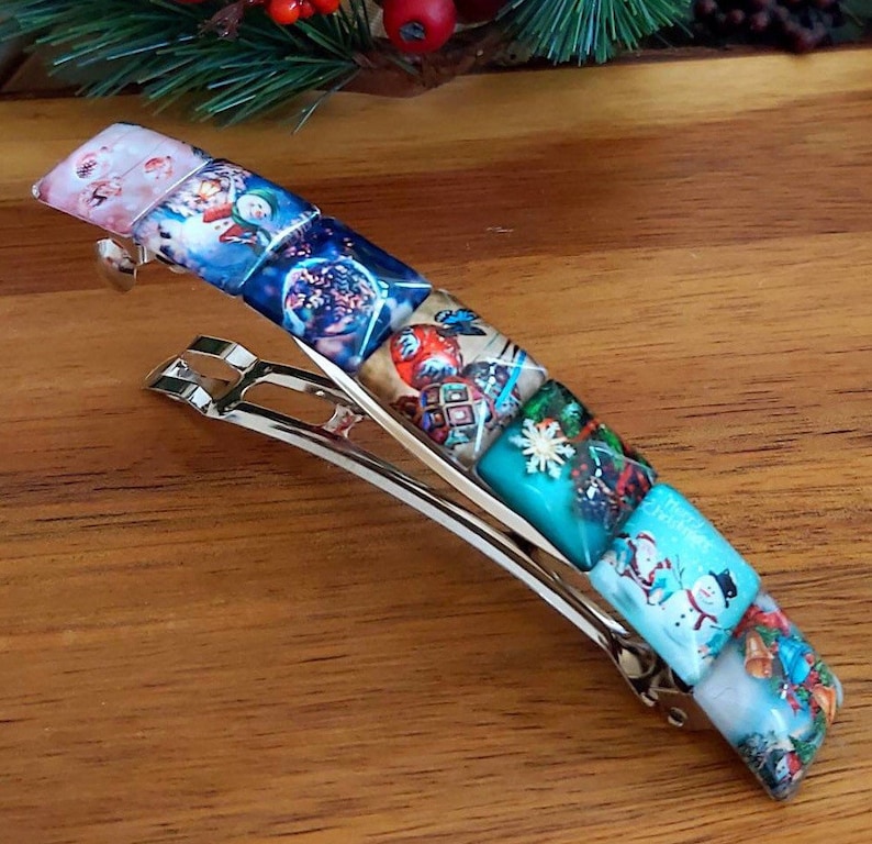 Large french barrette hair clip slide colorful vintage Christmas Sicret Santa gift winter scenery glass tiles unique gift idea one of a kind