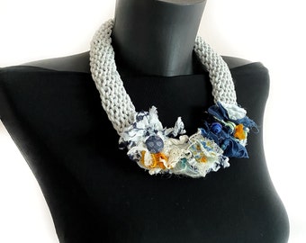 Artisanal Elegance - Handcrafted Grey & Blue Linen Necklace - A Unique Jewelry Gift for Her