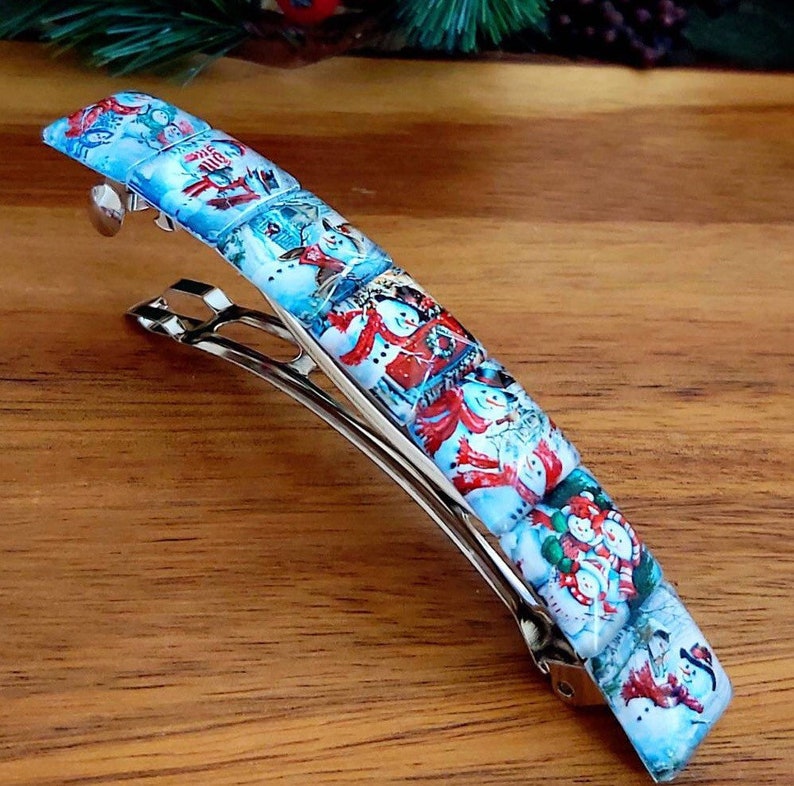 Large french barrette hair clip slide colorful vintage Christmas Sicret Santa gift winter scenery glass tiles unique gift idea one of a kind