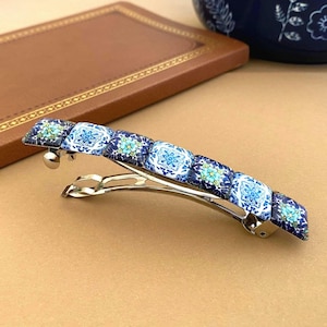 Handmade Mosaic Glass Barrette: Floral Silver Hair Clip