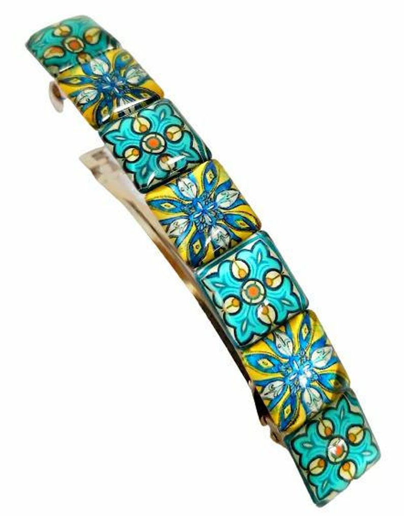 Large french barrette hair clip summer hair slide boho vintage blue glass tiles hair clip gift idea for her hair accessories green turquoise