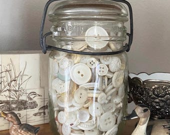 VTG Jar of Buttons, White Assorted Buttons for Crafting or Display