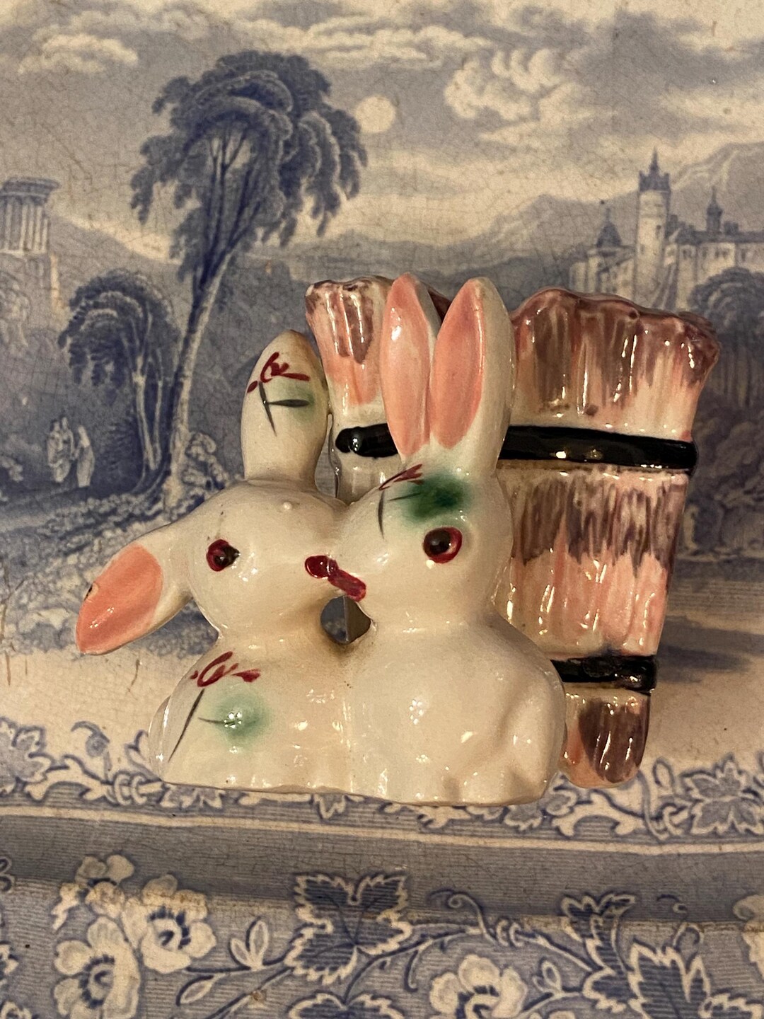 Vintage Japanese Bunny Couple Planter, Small Ceramic Rabbits Vase