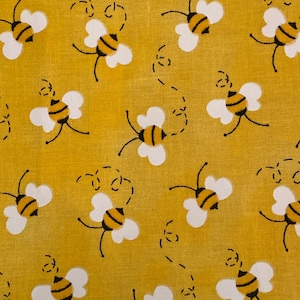 Busy Bees Yellow Cotton Fabric Remnant 45”x15”- Bumble bee Fabric - Yellow Honeybee Fabric