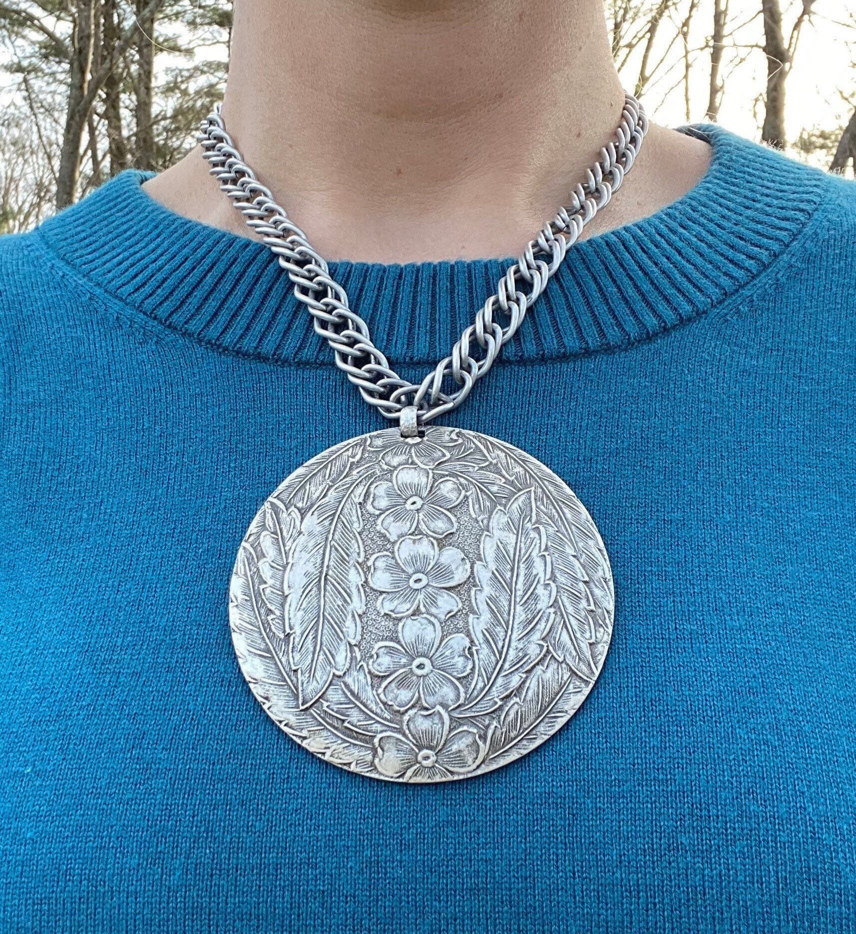 Large Pendant Necklace with 18 Silvertone Necklace Etsy