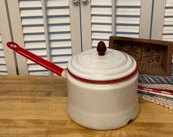 Vintage Enamel Pot with Lid Red edges - White and Red Enamel Saucepan