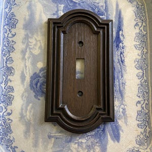 May include: A dark brown, wooden light switch cover with an ornate, rectangular design. The cover has a single switch opening and two screw holes. The wood grain is visible. The cover is set against a blue and white patterned background.