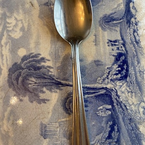 Może przedstawiać: Srebrna łyżka z zaokrągloną miseczką i szczegółowym uchwytem. Łyżka jest umieszczona na niebiesko-białym wzorzystym talerzu, tworząc klasyczną estetykę. Idealna do serwowania lub spożywania posiłku.