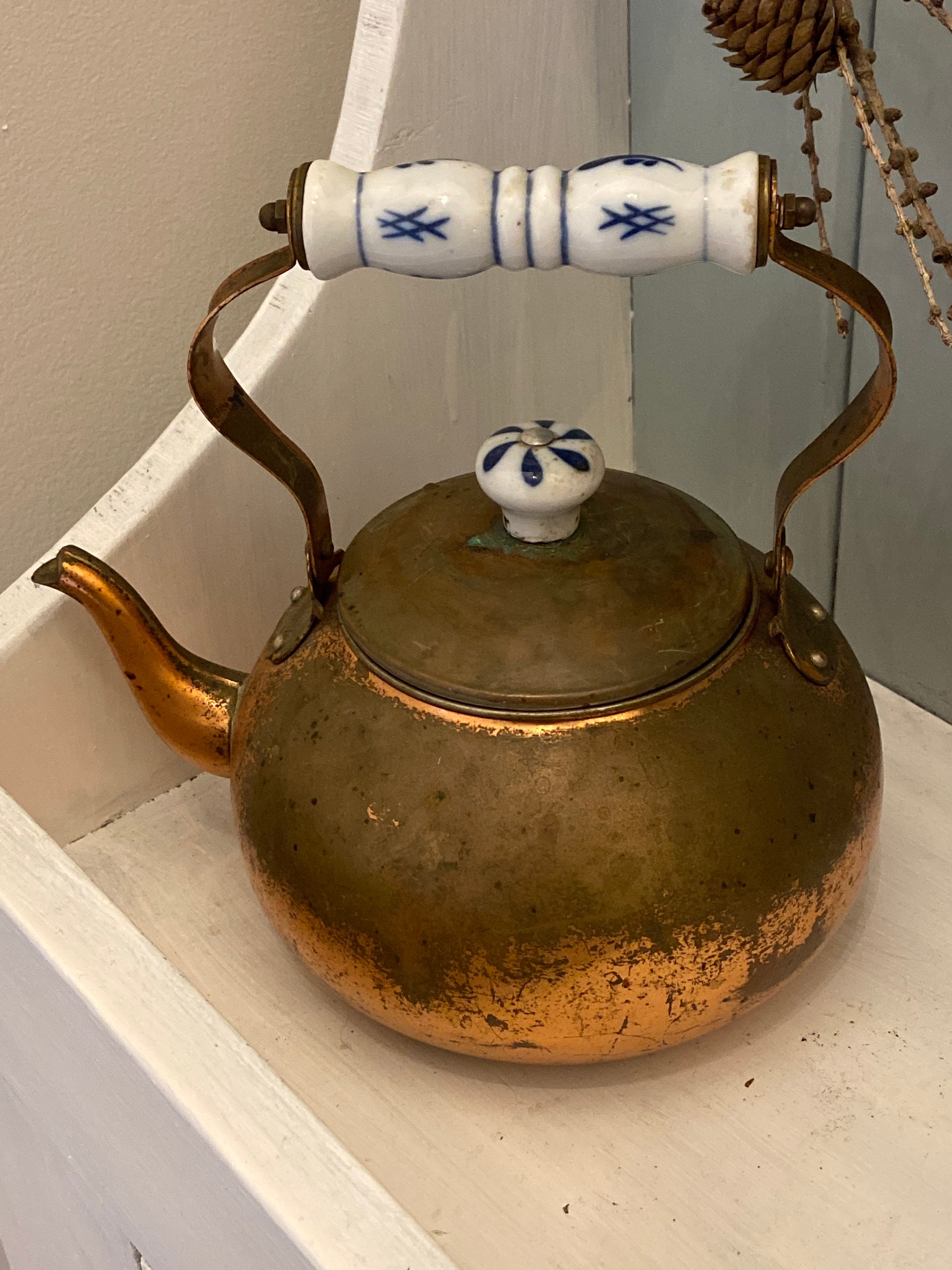 Copper Tea Kettle With Blue and White Ceramic Handle Etsy
