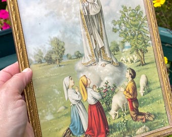 Framed Our Lady of Fátima and the Three Shepherd Children Vintage