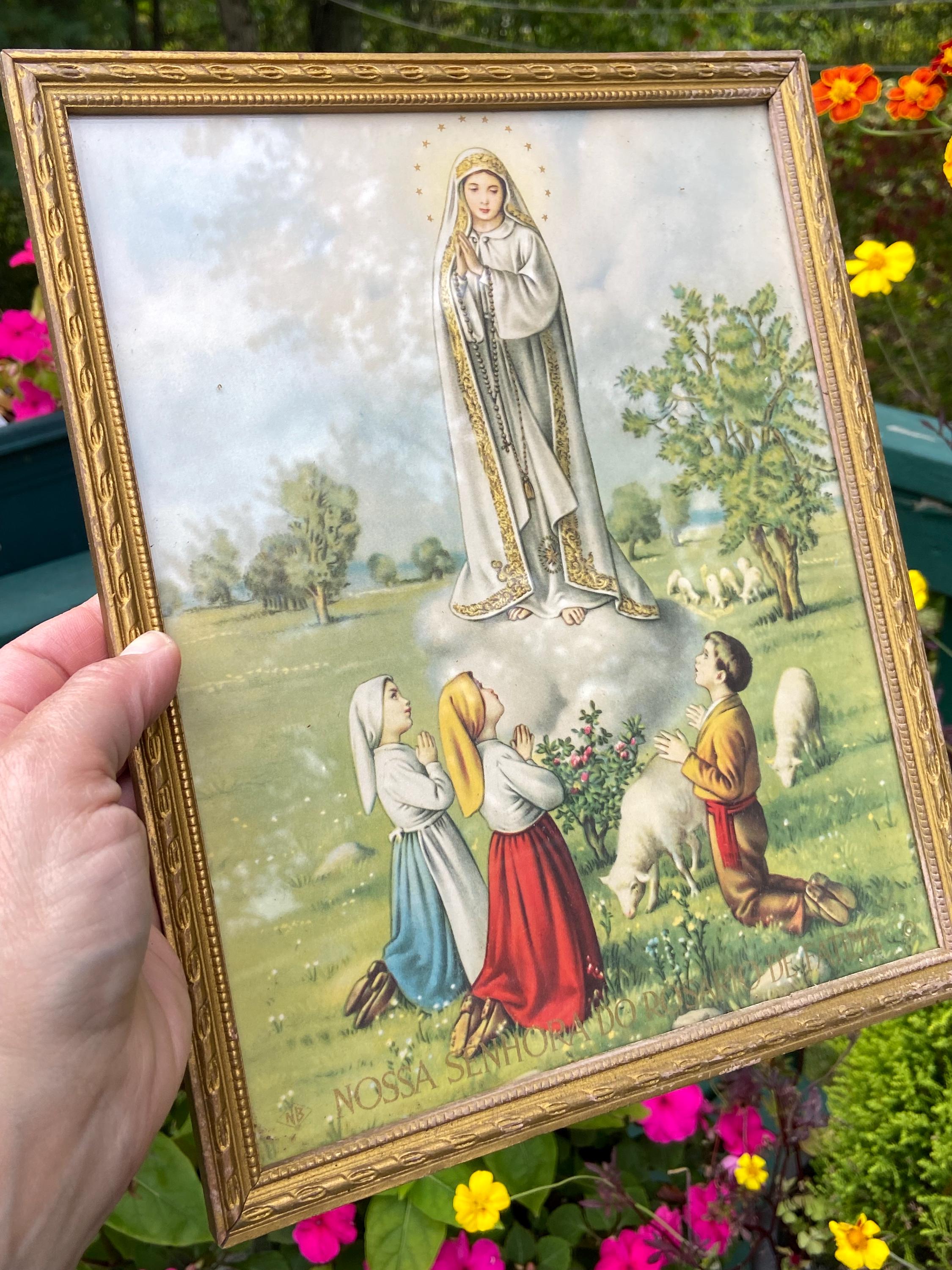 Framed Our Lady of Fátima and the Three Shepherd Children Vintage