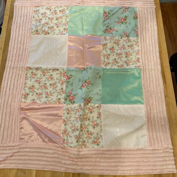 Pastel Patchwork Panel - Pink Baby Blanket Fabric - Vintage Quilting Fabric - Floral Patchwork Squares