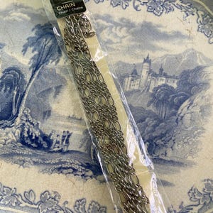Peut inclure: Chaîne argentée dans un emballage plastique transparent. L'emballage porte l'inscription "CHAIN" et "91,4 cm". La chaîne est composée de maillons ovales. Le fond est une assiette à motifs bleus et blancs.
