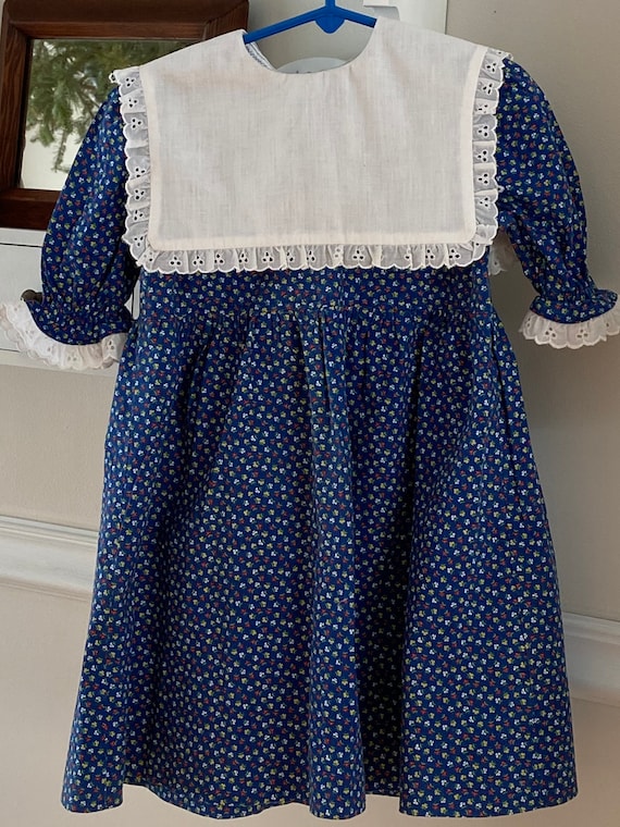 Vintage Little Girl Blue Cotton Dress with Eyelet… - image 2