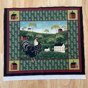 Country Village Rooster Quilt Panel - Primitive Farmhouse Panel 13.75”x15.5”