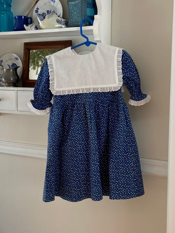 Vintage Little Girl Blue Cotton Dress with Eyelet… - image 1