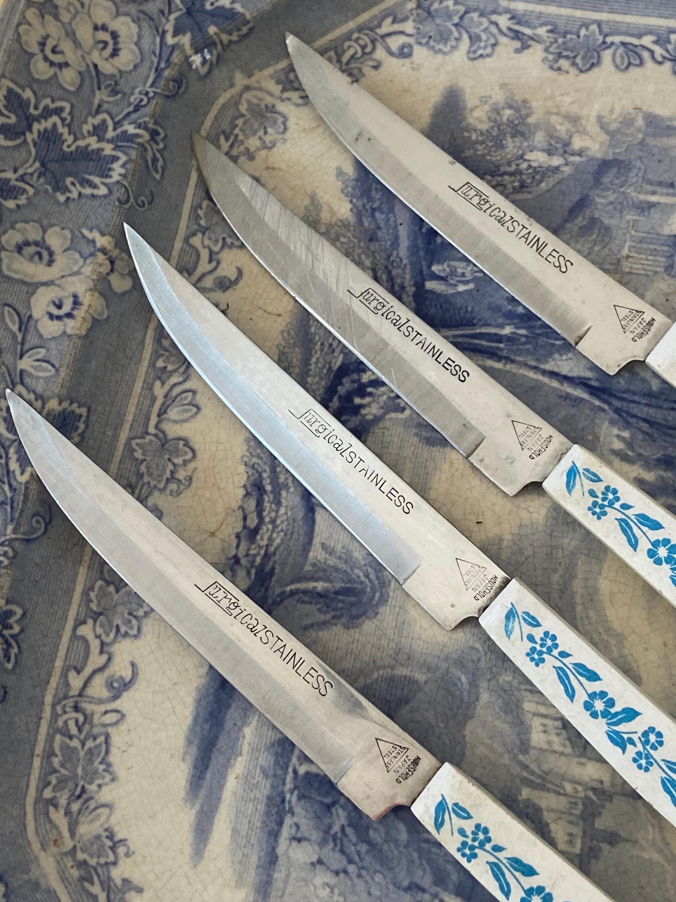 Vtg Surgical Stainless Knife Set of 4 White With Blue Corn