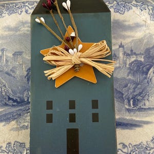 Painted Wooden Folk Art House with Yellow Star and Raffia Bow  - Wood Block Self Standing House